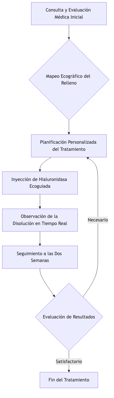 Diagrama de flujo del proceso de hialuronidasa ecoguiada en Santé Clínica Estética.