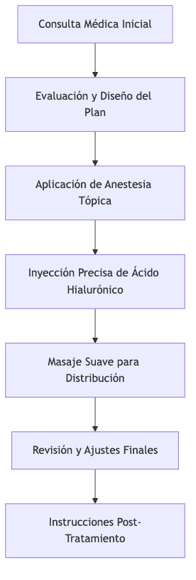 Diagrama de flujo del procedimiento de relleno de labios con ácido hialurónico.